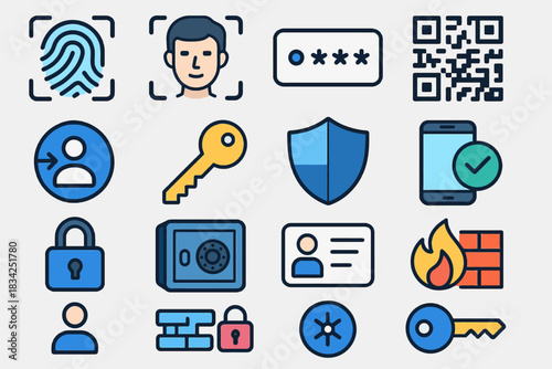 Security icons collection featuring fingerprint, password, qr code, key, lock, firewall, and shield