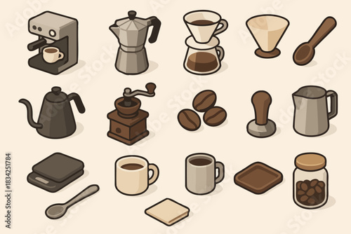 Vintage coffee making illustrations featuring brewing tools and coffee beans