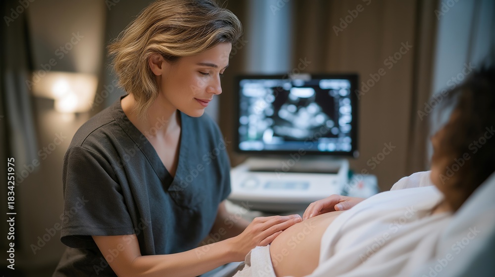 Obraz premium A sonographer gently applying ultrasound gel to a patient’s abdomen, adjusting the transducer while real-time grayscale images appear on a widescreen monitor — diagnostic imaging, patient-centered