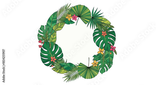 Vibrant Tropical Leaves Wreath with Exotic Flowers Design Element.