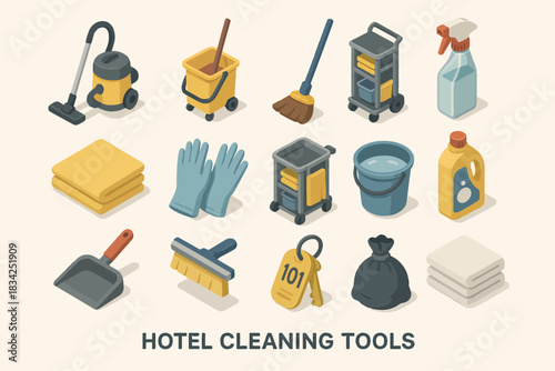 Various hotel cleaning tools and equipment in vintage style art