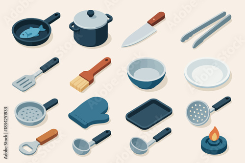 Isometric kitchen utensils collection with pots, pans, and cooking tools