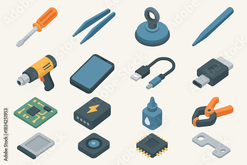 Collection of repair tools and electronic components in isometric view