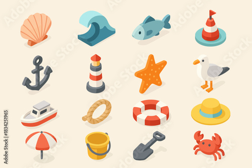 Colorful isometric beach icons featuring sea life and nautical symbols