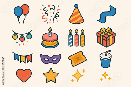 Colorful party icons set: balloons, cake, gift, decorations, and more
