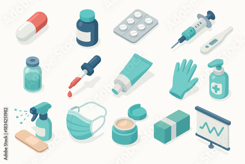 Isometric healthcare icons: medicine, syringe, mask, thermometer, gloves, bandage, sanitizer