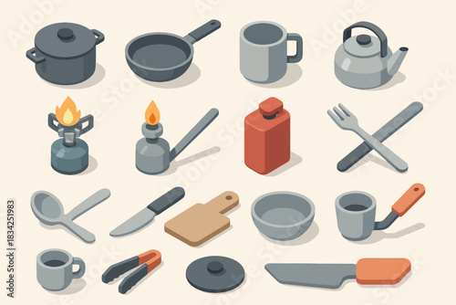 Colorful collection of camping kitchenware and utensils in isometric style
