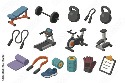 Collection of gym equipment icons featuring weights, kettlebells, and cardio machines