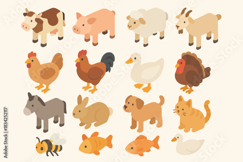 Cute farm and pet animals collection: cow, pig, sheep, goat, chicken, duck, turkey, donkey, rabbit, dog, cat, bee, fish