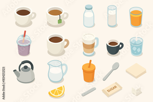 Isometric beverage icons: coffee, tea, milk, juice, and accessories