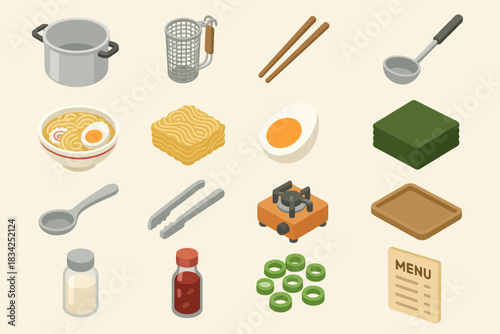Japanese kitchen essentials isometric icons featuring ramen ingredients and utensils
