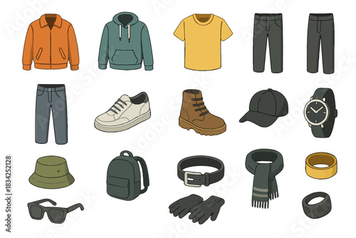 Casual apparel and accessories collection featuring jackets and footwear