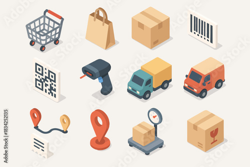 Isometric icons of delivery and shopping with cart and barcode