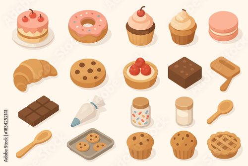 “assorted pastries and baking tools with cookies and cakes in isometric design”