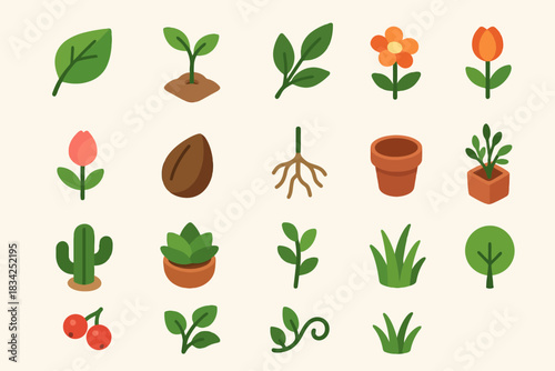 Colorful collection of various plant icons and symbols on light background