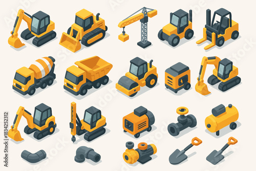Set of construction equipment isometric icons featuring excavators and cranes