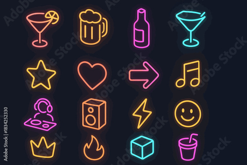 Colorful neon icons: cocktails, music, symbols, stars, smiley faces on dark background