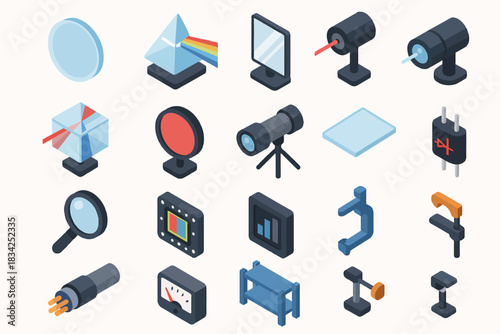 Isometric icons of optical and scientific instruments in technology design