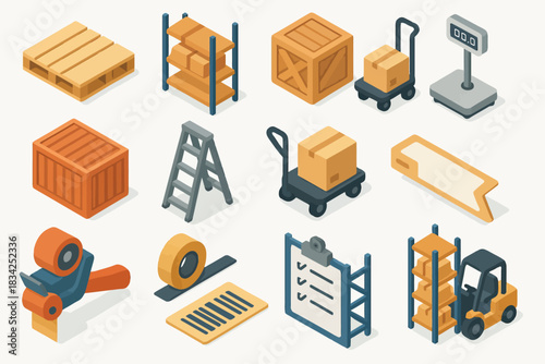 Isometric warehouse icons: pallet, shelves, crate, cart, scale, tape, checklist, forklift