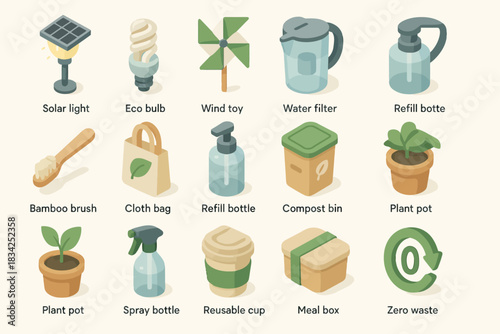 Eco-friendly products collection featuring sustainable household items