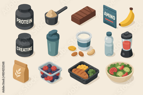 Isometric fitness supplements and food: protein, creatine, healthy snacks, smoothies, water bottle, and fruit