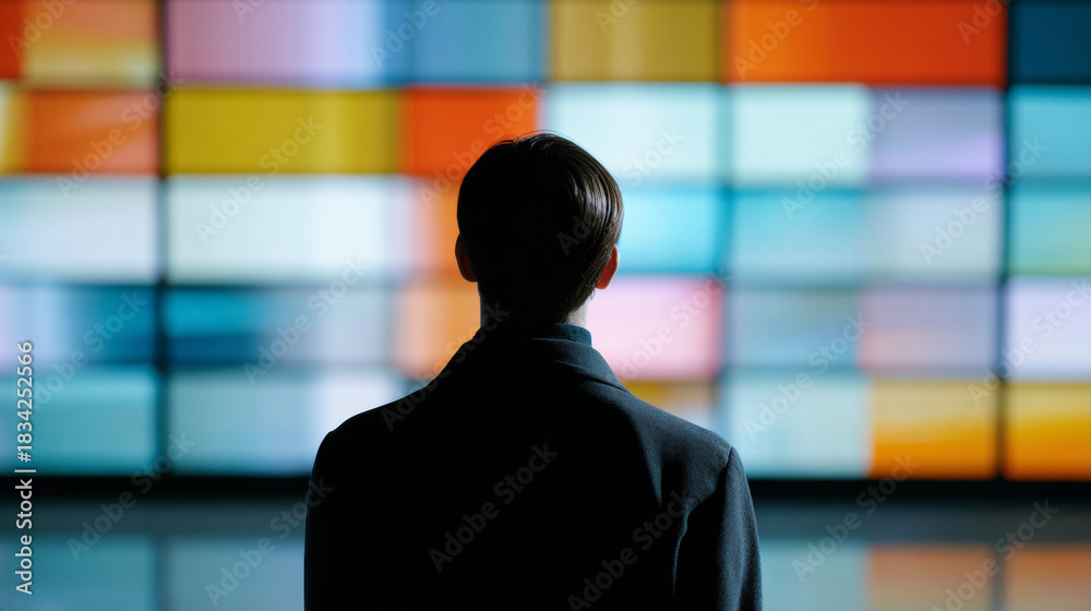 Fototapeta premium Silhouette of a man standing in front of a large colorful digital screen with abstract rectangular patterns in a dark environment