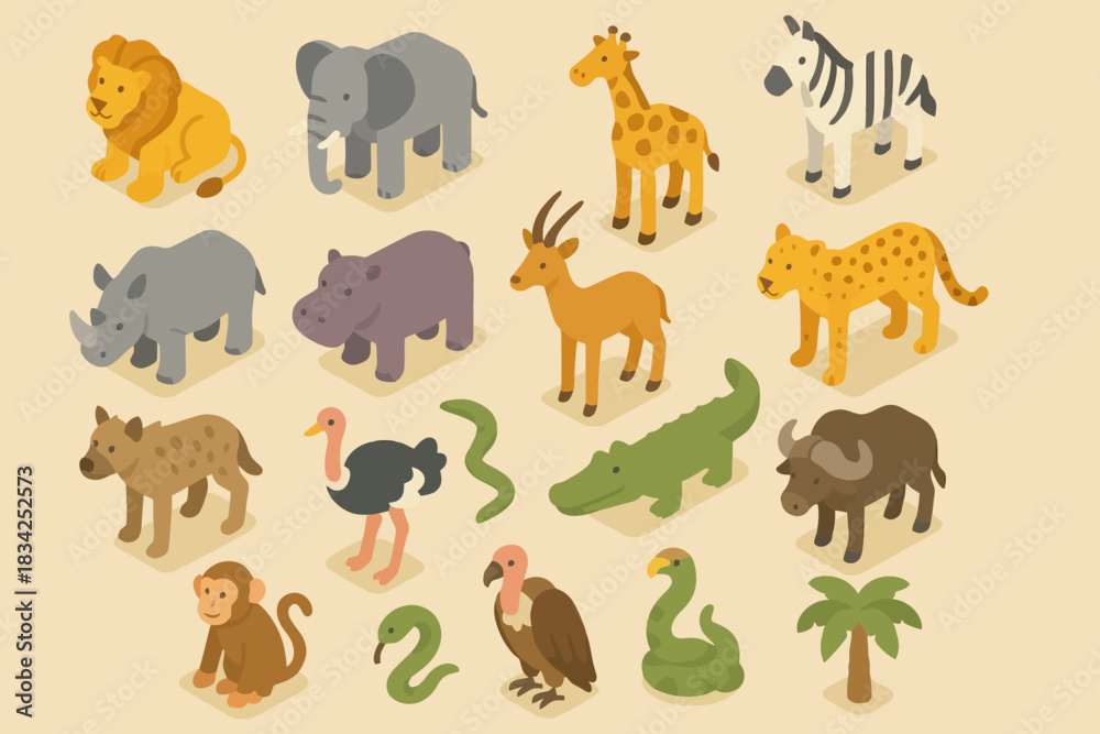 Naklejka premium Isometric safari animals collection featuring lion, elephant, giraffe, zebra, and more
