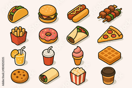 Colorful icon set of popular fast food items including tacos, burgers, and pizza