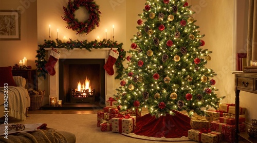Cozy Christmas Living Room with Decorated Tree and Fireplace