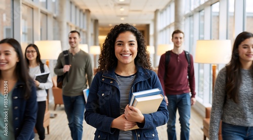 Smiling Latina college student holding books in a modern university hallway. Happy young Hispanic woman standing on campus with diverse students in the background. Academic success concept