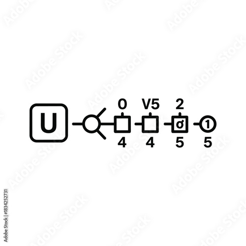 Abstract Technical System Diagram with Labeled Blocks, Connectors, 'U' Input, 'V5' and Delta Symbols, and Numbered Stages