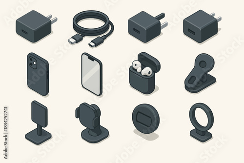 Collection of modern tech accessories including chargers, earbuds, and phone stands