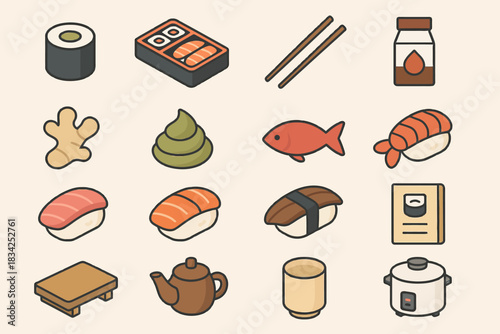 Sushi icons collection: nigiri, rolls, wasabi, soy sauce, rice cooker
