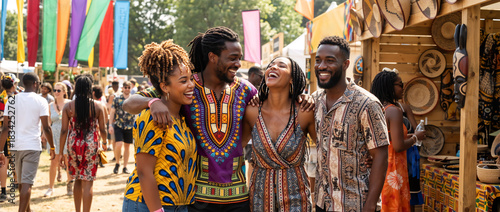 Wallpaper Mural Group of happy Black friends celebrating at an outdoor festival. Joyful African American people laughing at a cultural market with colorful flags Torontodigital.ca