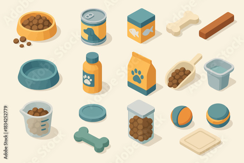 Isometric pet supplies: bowls, food, toys, containers, cans, bones