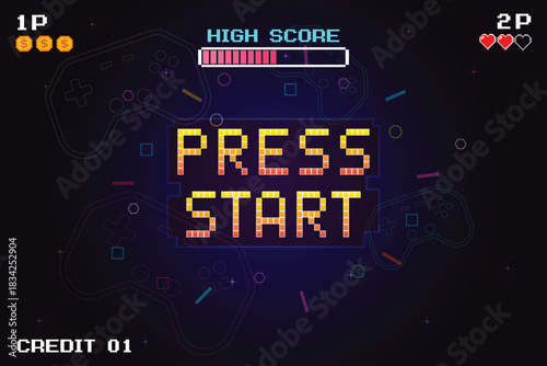 PRESS START. INSERT A COIN TO CONTINUE. pixel art .8 bit game.  Retro Futurism Sci-Fi Background. glowing neon grid. and stars from vintage arcade computer games
