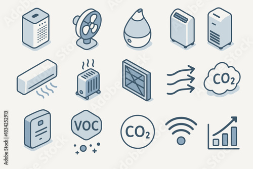 Home air quality devices and indicators: purifier, humidifier, sensors, and filters icons