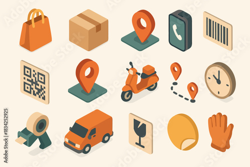 Isometric icons representing delivery and logistics elements