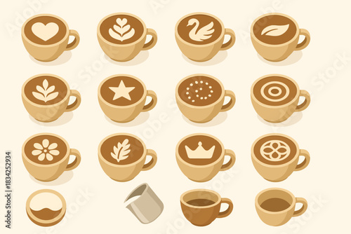 Coffee cups with artistic latte designs in various styles and patterns