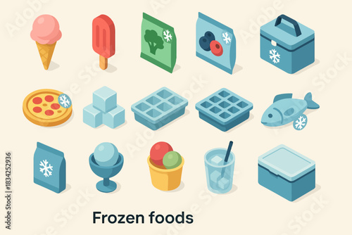 Assorted frozen foods: ice cream, vegetables, fish, pizza, and ice cubes in illustrative style