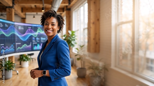 Portrait of a successful african american businesswoman in a modern tech office. Confident female expert analyzing financial data on a large screen with charts. Leadership and innovation in business