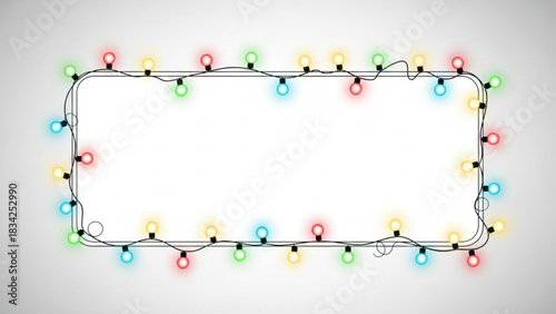 A festive border of colorful glowing christmas lights frames a blank white space perfect for text or images creating a joyful and celebratory atmosphere