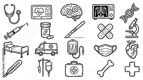 Grid of Black-and-White Medical Icons Featuring Healthcare Symbols, Equipment, and Diagnostic Tools – Including Caduceus, DNA, Brain, Syringe, Ambulance, and X-ray for Visual Themes in Medicine 