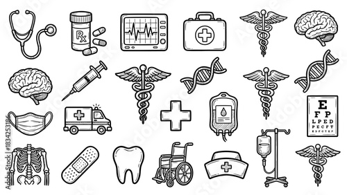 Grid of Black-and-White Medical Icons Featuring Healthcare Symbols, Equipment, and Diagnostic Tools – Including Caduceus, DNA, Brain, Syringe, Ambulance, and X-ray for Visual Themes in Medicine 