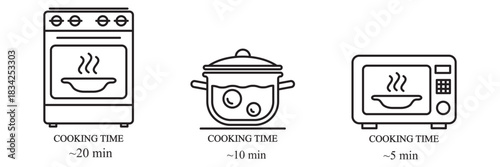 Cooking type and cooking time icons. Indication of food preparation time for saucepan, microwave, and oven use. Ideal for food packaging instructions. Isolated vector elements.