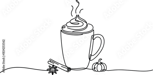 Single line drawing of a pumpkin spice latte with cinnamon and star anise