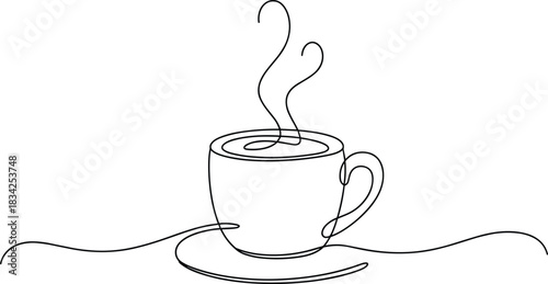 Single line drawing of a steaming coffee cup on a saucer
