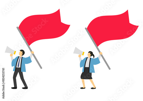 赤い旗とメガホンを持つ水色の法被を着た男性と女性の店員のセット