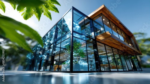 Contemporary sustainable building with large glass panels reflecting greenery, showcasing modern eco-architecture