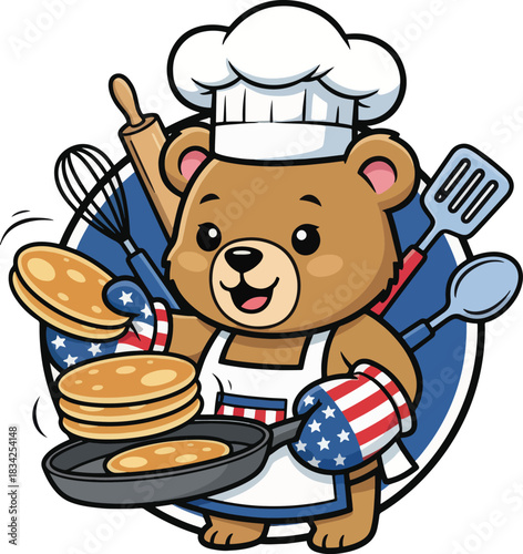 Adorable Cartoon Bear Chef Preparing Pancakes with American Flag Themed Oven Mitts and Patriotic Design Elements